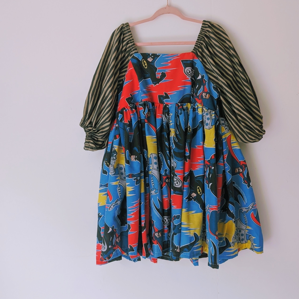 Colorful Batman Dress with Striped Sleeves